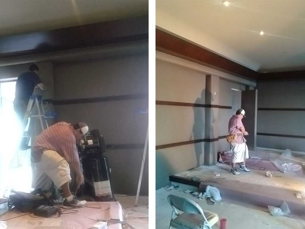 Our craftman team working in a wall for a commercial building in Los Angeles. The wall was upholstered,tufted and insolated. 